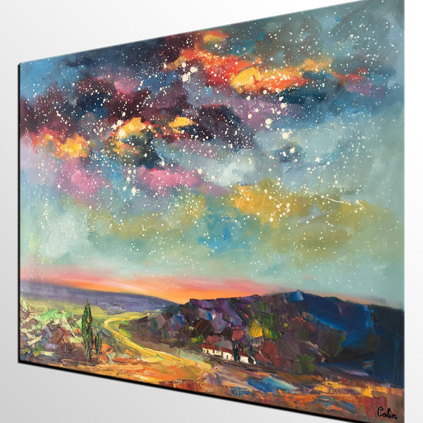 Wall Art for Bedroom Wall Art, Starry Night Sky Painting, Landscape Art, Custom Large Canvas Painting-LargePaintingArt.com