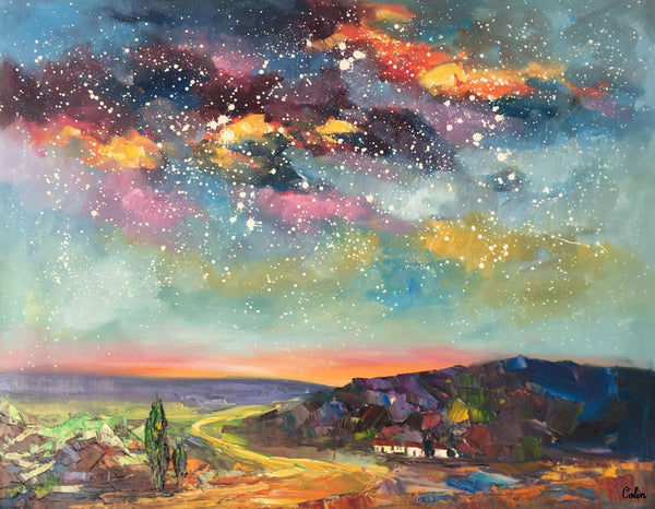 Wall Art for Bedroom Wall Art, Starry Night Sky Painting, Landscape Art, Custom Large Canvas Painting-LargePaintingArt.com