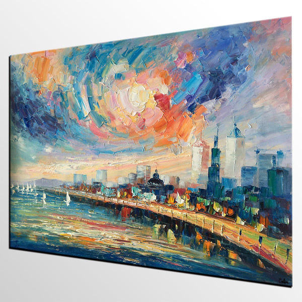 Abstract Landscape Painting, Original Oil Painting on Canvas, Custom Cityscape Painting, Palette Knife Painting-LargePaintingArt.com