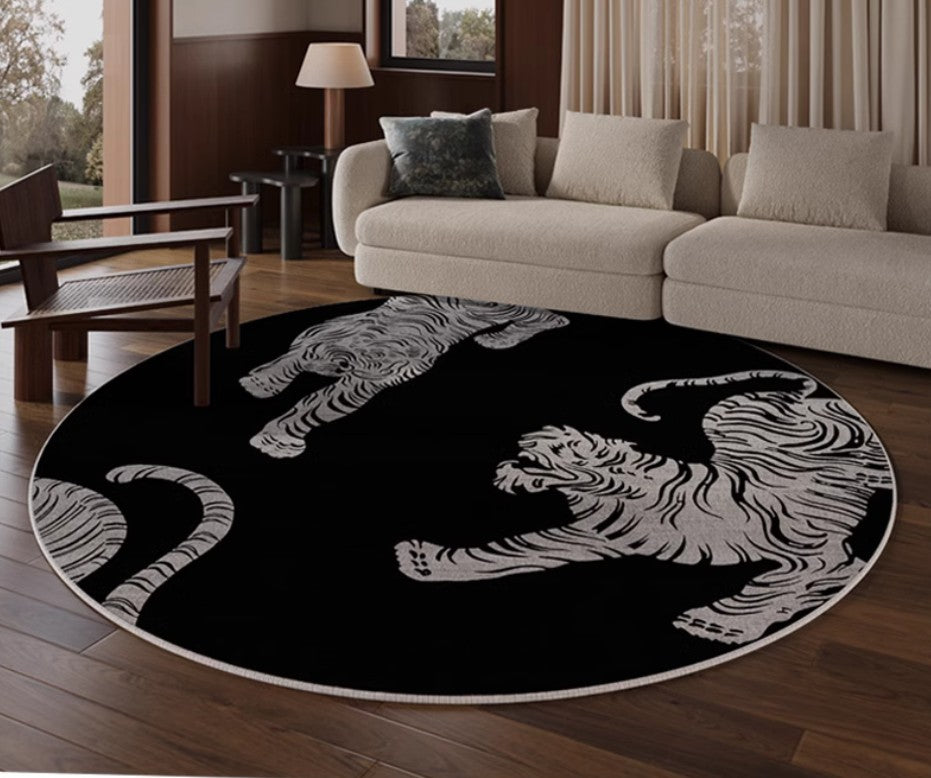 Modern Rugs for Dining Room, Tiger Black Modern Rugs for Bathroom, Abstract Contemporary Round Rugs, Circular Modern Rugs under Coffee Table-LargePaintingArt.com