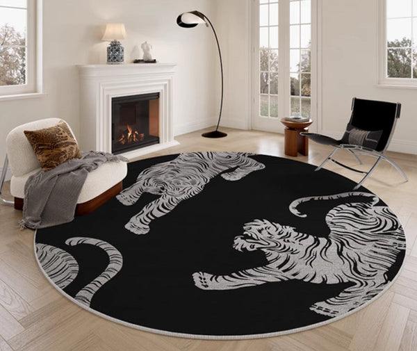 Modern Rugs for Dining Room, Tiger Black Modern Rugs for Bathroom, Abstract Contemporary Round Rugs, Circular Modern Rugs under Coffee Table-LargePaintingArt.com