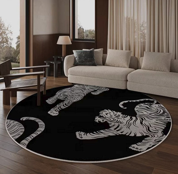 Modern Rugs for Dining Room, Tiger Black Modern Rugs for Bathroom, Abstract Contemporary Round Rugs, Circular Modern Rugs under Coffee Table-LargePaintingArt.com