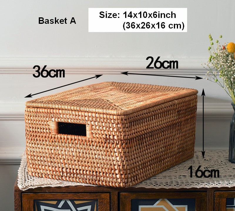 Oversized Rectangular Storage Basket with Lid, Woven Rattan Storage Basket for Shelves, Storage Baskets for Bedroom, Extra Large Storage Baskets for Clothes-LargePaintingArt.com