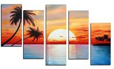 5 Piece Canvas Art, Beach Palm Tree Sunset Painting, Extra Large