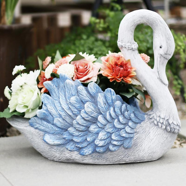 Outdoor Decoration Ideas, Garden Ideas, Blue Wing Swan Flower Pot, Animal Statue for Garden Ornament, Swan Lovers Statues, Villa Courtyard Decor-LargePaintingArt.com