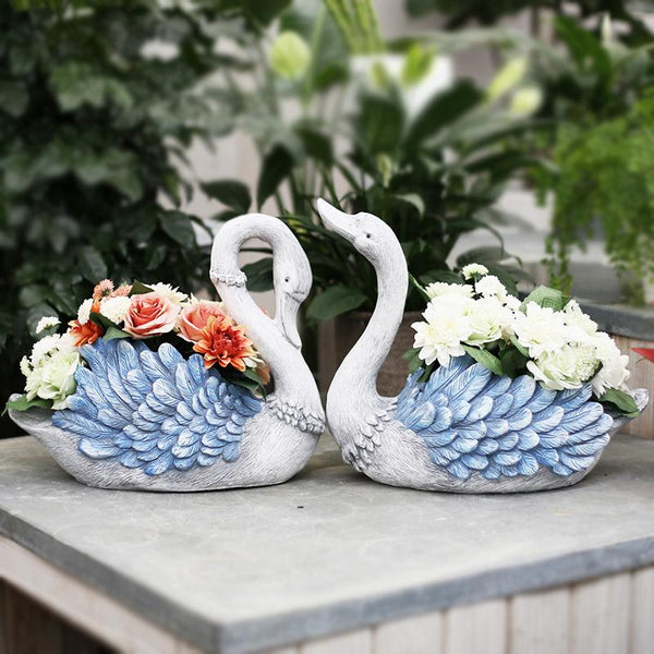 Outdoor Decoration Ideas, Garden Ideas, Blue Wing Swan Flower Pot, Animal Statue for Garden Ornament, Swan Lovers Statues, Villa Courtyard Decor-LargePaintingArt.com