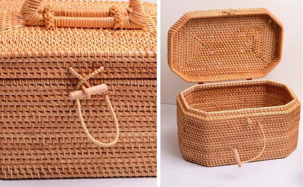 Rattan Wicker Serving Basket, Storage Baskets for Picnic, Kitchen Storage Baskets, Woven Storage Baskets with Lid-LargePaintingArt.com