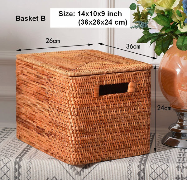 Oversized Rectangular Storage Basket with Lid, Woven Rattan Storage Basket for Shelves, Storage Baskets for Bedroom, Extra Large Storage Baskets for Clothes-LargePaintingArt.com