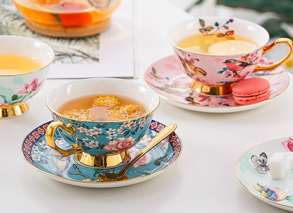 Unique Afternoon Tea Cups and Saucers in Gift Box, Royal Bone China Porcelain Tea Cup Set, Elegant Flower Pattern Ceramic Coffee Cups, Beautiful British Tea Cups-LargePaintingArt.com