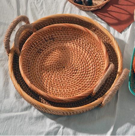 Rattan Storage Basket with Handle, Fruit Basket, Woven Round Basket, Storage Baskets for Tea Table T-LargePaintingArt.com