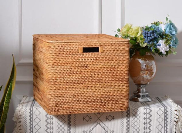 Wicker Rectangular Storage Basket with Lid, Extra Large Storage Baskets for Clothes, Kitchen Storage Baskets, Oversized Storage Baskets for Bedroom-LargePaintingArt.com