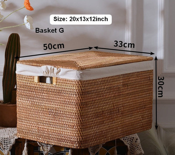 Oversized Rectangular Storage Basket with Lid, Woven Rattan Storage Basket for Shelves, Storage Baskets for Bedroom, Extra Large Storage Baskets for Clothes-LargePaintingArt.com