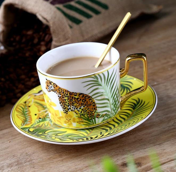 Coffee Cups with Gold Trim and Gift Box, Jungle Leopard Pattern Porcelain Coffee Cups, Tea Cups and Saucers-LargePaintingArt.com