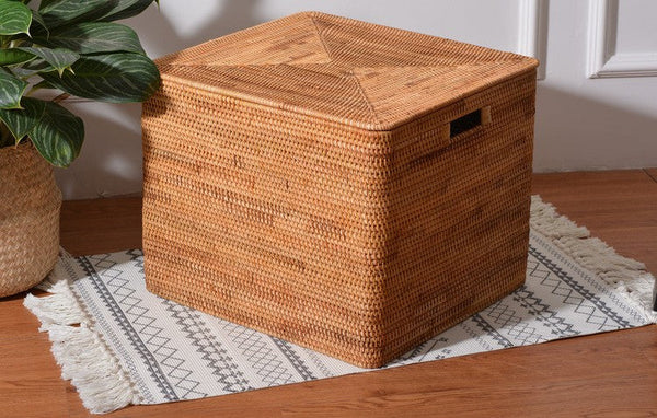 Wicker Rectangular Storage Basket with Lid, Extra Large Storage Baskets for Clothes, Kitchen Storage Baskets, Oversized Storage Baskets for Bedroom-LargePaintingArt.com