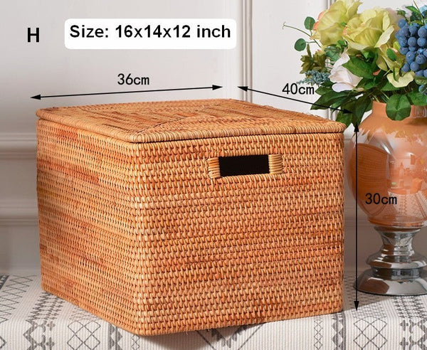 Wicker Rectangular Storage Basket with Lid, Extra Large Storage Baskets for Clothes, Kitchen Storage Baskets, Oversized Storage Baskets for Bedroom-LargePaintingArt.com