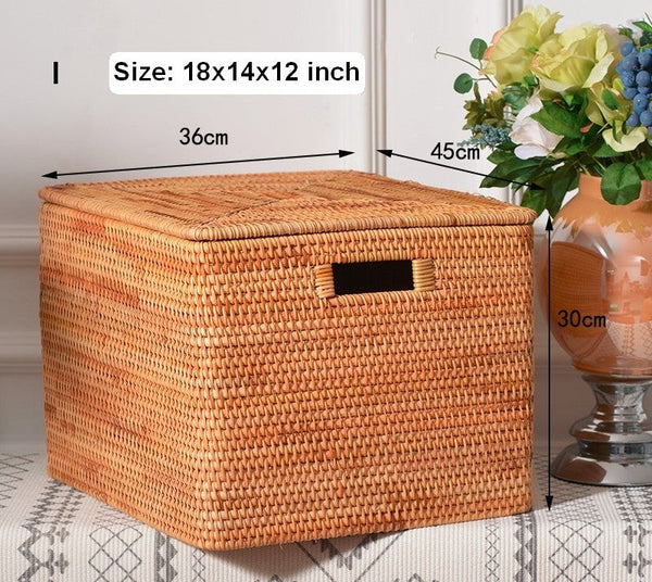 Wicker Rectangular Storage Basket with Lid, Extra Large Storage Baskets for Clothes, Kitchen Storage Baskets, Oversized Storage Baskets for Bedroom-LargePaintingArt.com