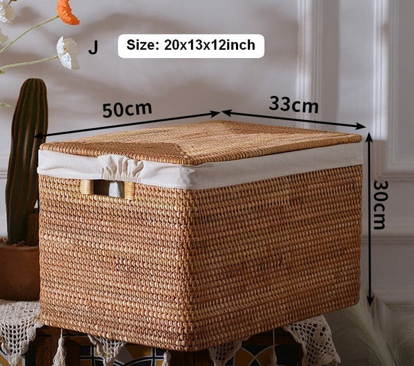 Wicker Rectangular Storage Basket with Lid, Extra Large Storage Baskets for Clothes, Kitchen Storage Baskets, Oversized Storage Baskets for Bedroom-LargePaintingArt.com