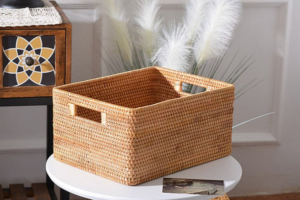 Storage Baskets for Kitchen, Woven Rattan Rectangular Storage Baskets, Wicker Storage Basket for Clothes, Storage Baskets for Bathroom, Storage Baskets for Toys-LargePaintingArt.com