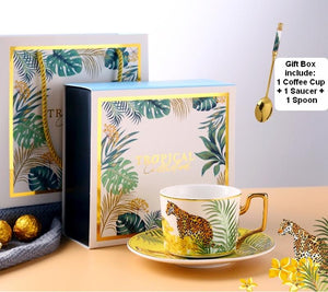 Coffee Cups with Gold Trim and Gift Box, Jungle Leopard Pattern Porcelain Coffee Cups, Tea Cups and Saucers-LargePaintingArt.com