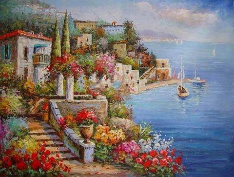 Mediterranean Sea Painting, Canvas Painting, Landscape Painting, Wall Art, Large Painting, Bedroom Wall Art, Oil Painting, Canvas Wall Art, Seascape, Spain Summer Resort-LargePaintingArt.com