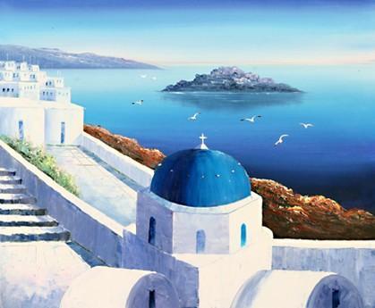 Landscape Painting, Summer Resort Painting, Mediterranean Sea Painting, Kitchen Wall Art, Oil Painting, Canvas Art, Seascape, Greece Summer Resort-LargePaintingArt.com