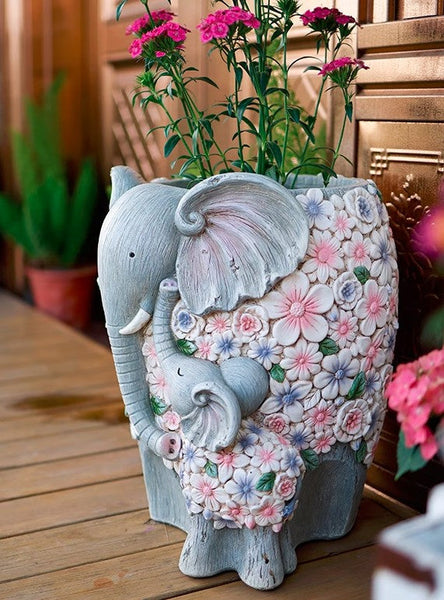 Resin Statue for Garden, Modern Garden Flower Pot, Unique Animal Statue for Garden Ornaments, Beautiful Elephant Flowerpot, Villa Outdoor Decor Gardening Ideas-LargePaintingArt.com