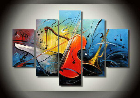 Modern Abstract Paintings, Living Room Modern Art, Music Painting, Violin Painting, Abstract Painting on Canvas, 5 Piece Canvas Painting-LargePaintingArt.com