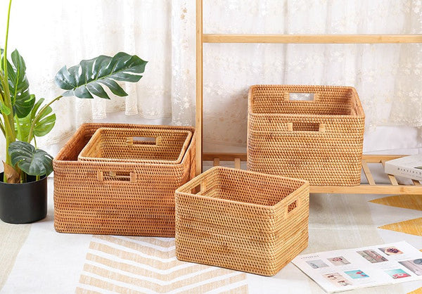 Storage Baskets for Kitchen, Woven Rattan Rectangular Storage Baskets, Wicker Storage Basket for Clothes, Storage Baskets for Bathroom, Storage Baskets for Toys-LargePaintingArt.com