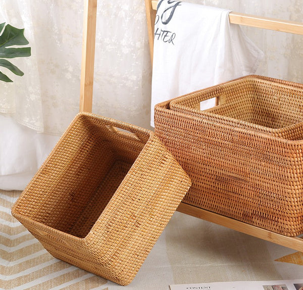 Storage Baskets for Kitchen, Woven Rattan Rectangular Storage Baskets, Wicker Storage Basket for Clothes, Storage Baskets for Bathroom, Storage Baskets for Toys-LargePaintingArt.com