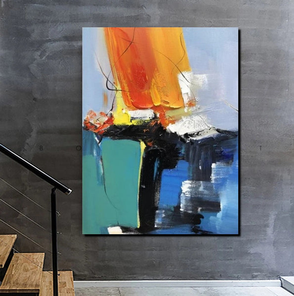 Acrylic Paintings on Canvas, Large Paintings Behind Sofa, Abstract Painting for Living Room, Blue Modern Paintings, Palette Knife Paintings-LargePaintingArt.com